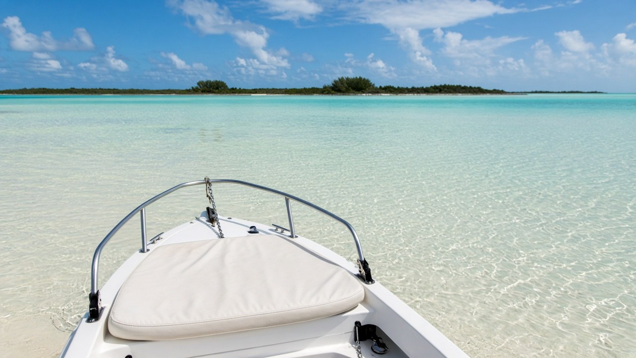 Boat bow over clear turquoise shallows near a low cay